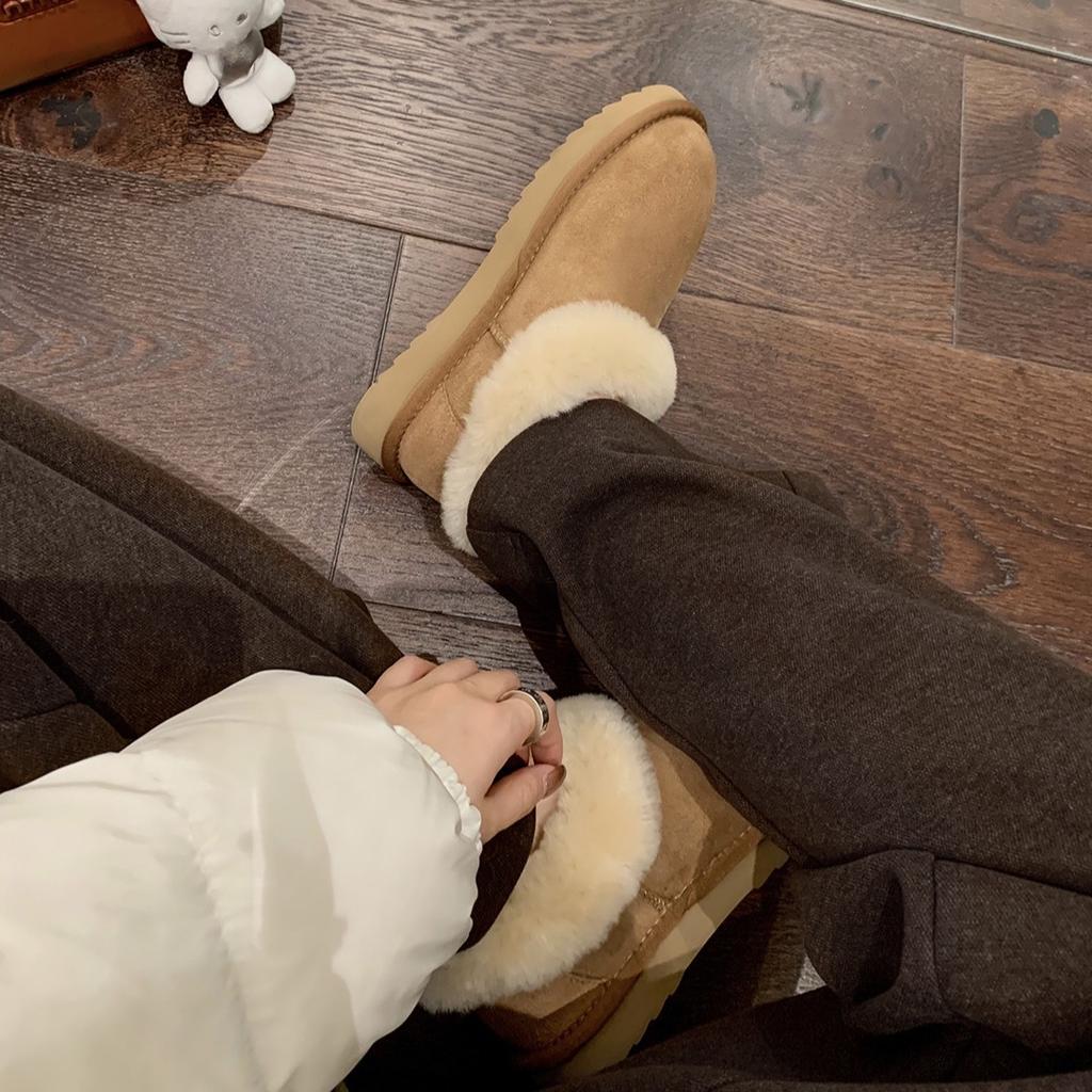 XD1 Leather Velvet Sheepskin Fur Integrated Thick-bottomed Low-top Snow Boots Women's Fluffy Boots