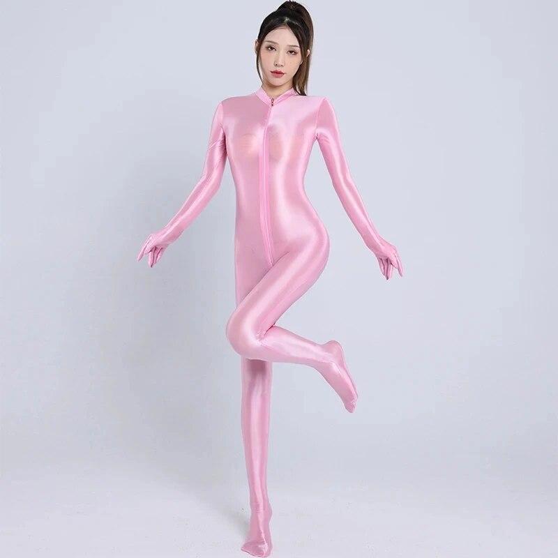 Erotic Jumpsuits Zipper Open Crotch Full Body Satin Oil Glossy Rompers Gloves Tights Shiny Sexy Bodysuit Women Club Party
