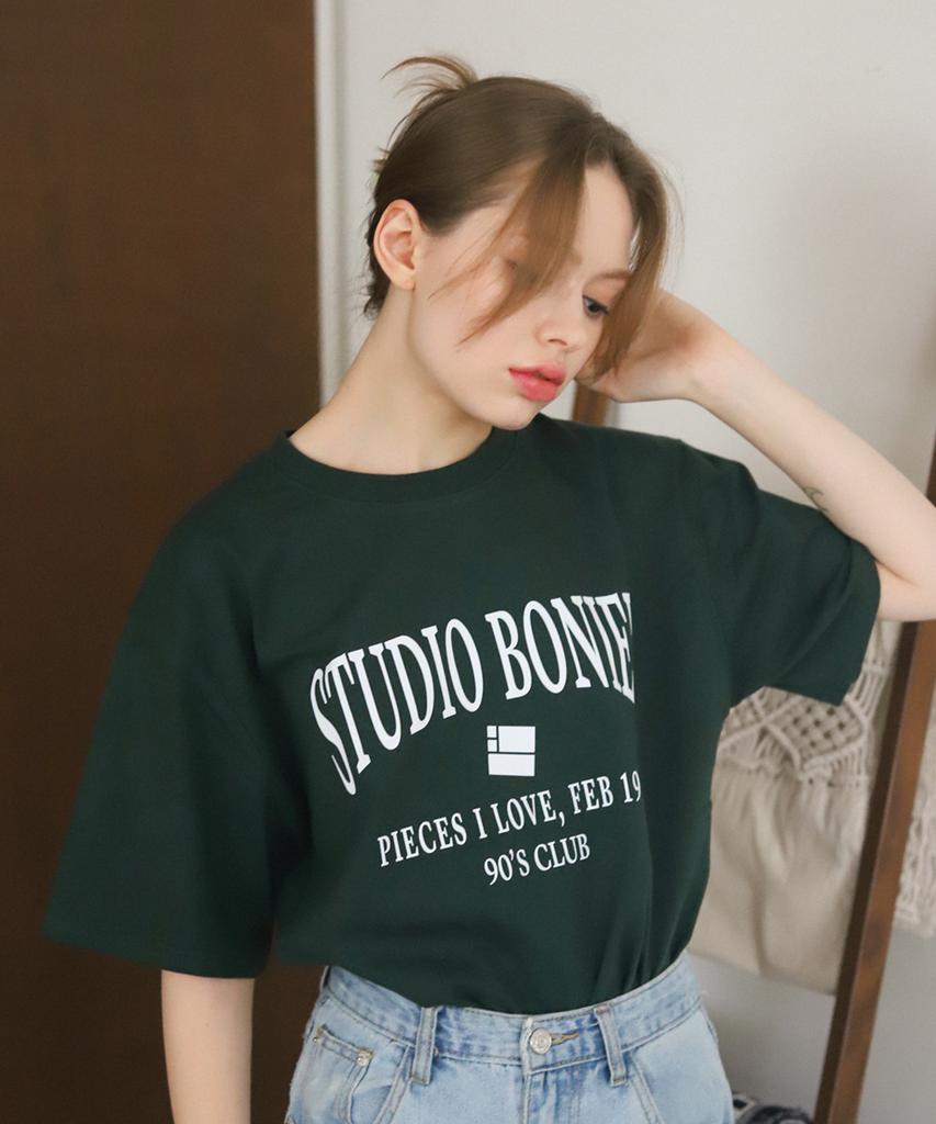 BONIEE Arch Retro Typo Graphic Loose T-Shirt Green