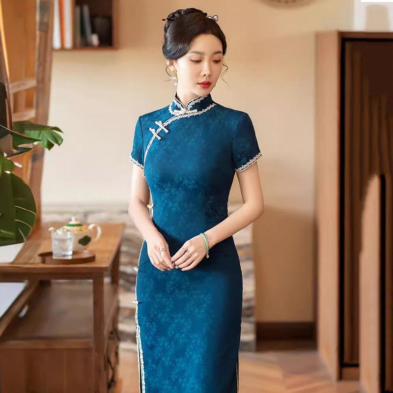 Stile nazionale blu nuovo stile cinese lungo cheongsam migliorato da donna alta sensazione retrò sottile vestito da madre passerella primavera ed estate