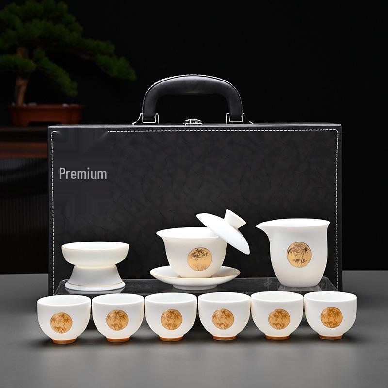 Kung Fu Mutton Fat Jade Gaiwan Teapot Set - Gold-Painted Luxury Tea Set