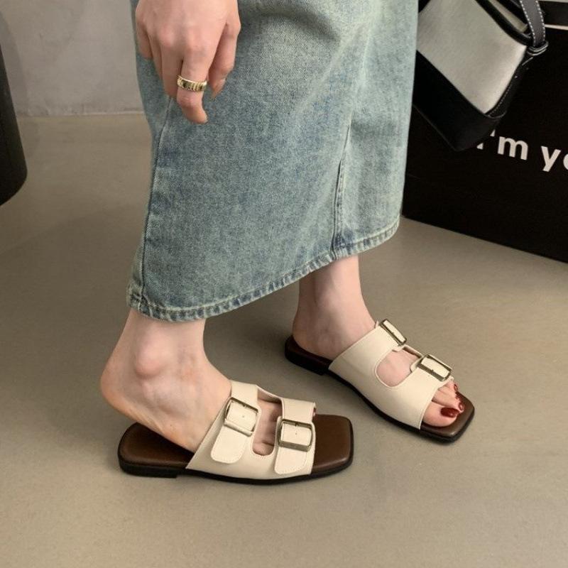 Popular spot foreign trade flat-bottomed slippers women's 2025 new summer wear premium leather slippers beach cool slippers