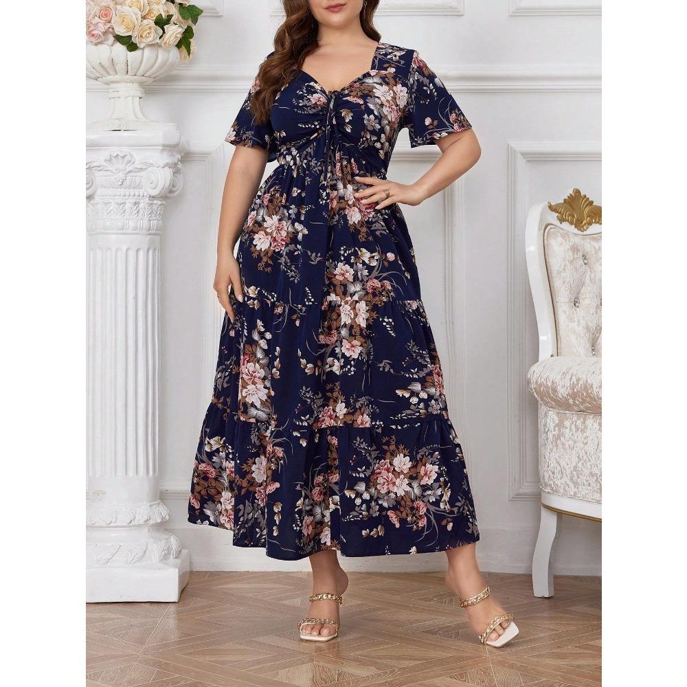 Mode Zomer Casual Jurk V-hals Korte Mouw Print Patchwork Trekkoord Grote Maten Casual Jurken voor Vrouwen