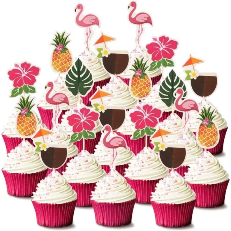 24pcsHawaiian Party Cake Toppers Flamingo Pineapple Flower Cocktail Decoration Picks Party Fruit Bamboo Skewers