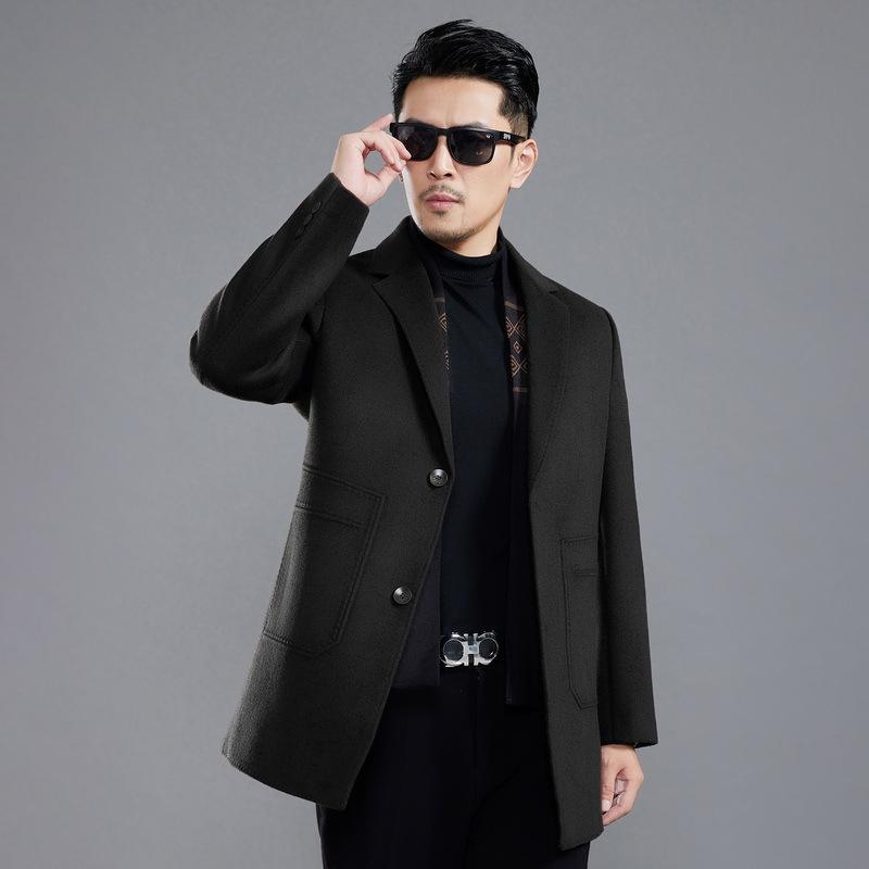 Winter Pocket Line Double-sided Cashmere Coat for Men Mid-length Removable Down Liner Casual Woolen Woolen Coat
