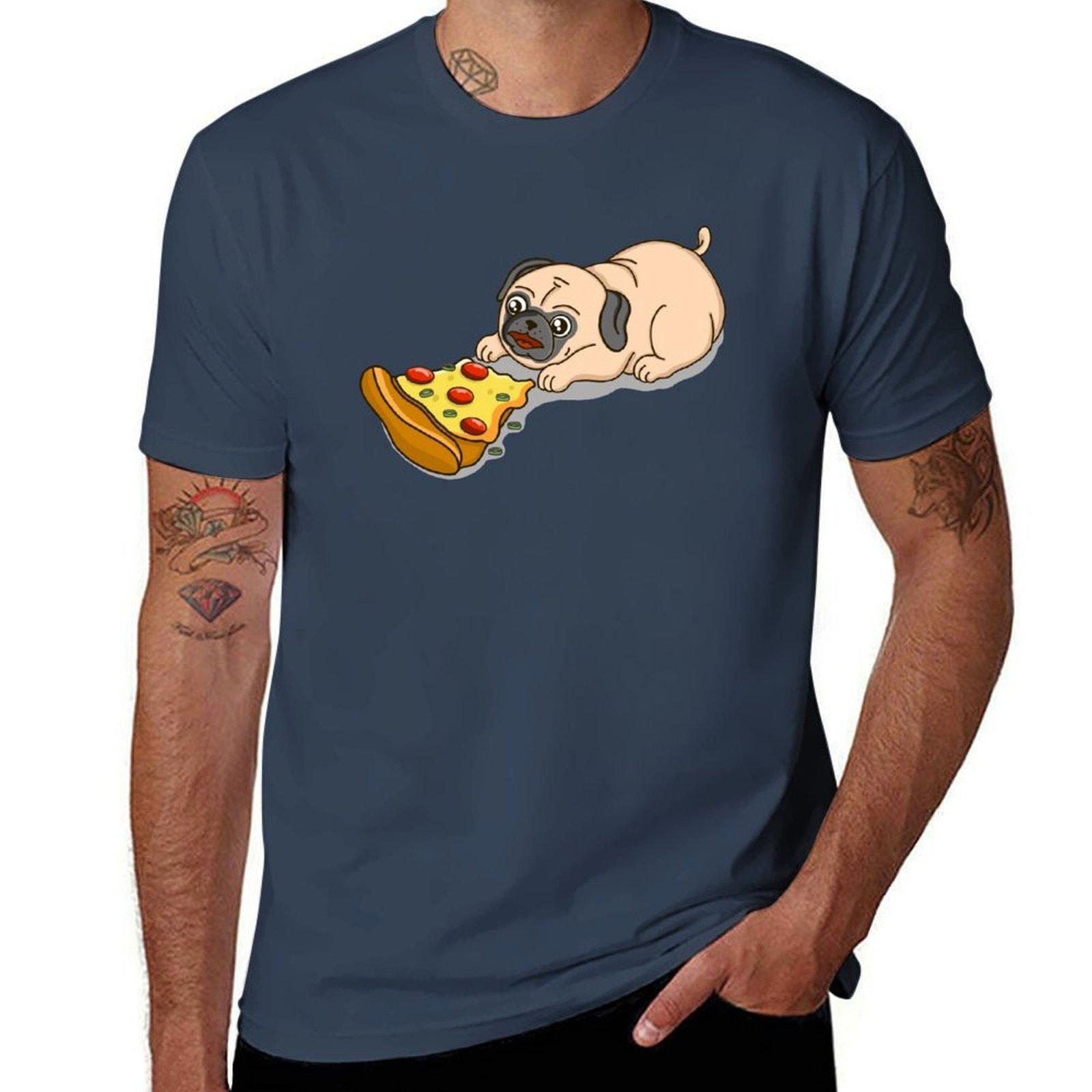 Pug Eating Pizza Tshirt All Match Basic Short Sleeve Top S