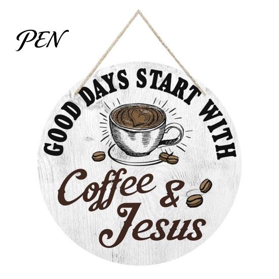 Rustic Coffee Bar Decor Wooden Signs, Themed Hanging Sign, Cup Farmhouse Corner Decorations Shape & Round Wood Plaque for Kitchen Wall Solid Signage