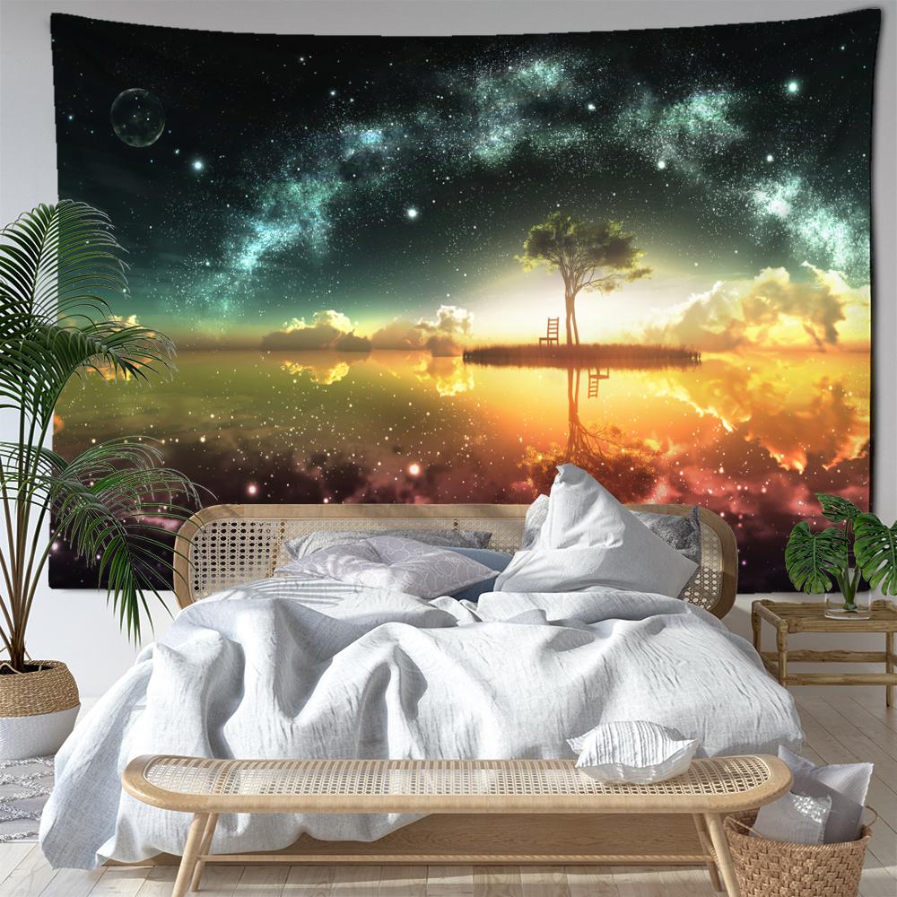 Huxin Tree Night View Tapestry Wall Hanging Abstract Art Starry Sky View Bedroom Living Room Home Decor Background Cloth