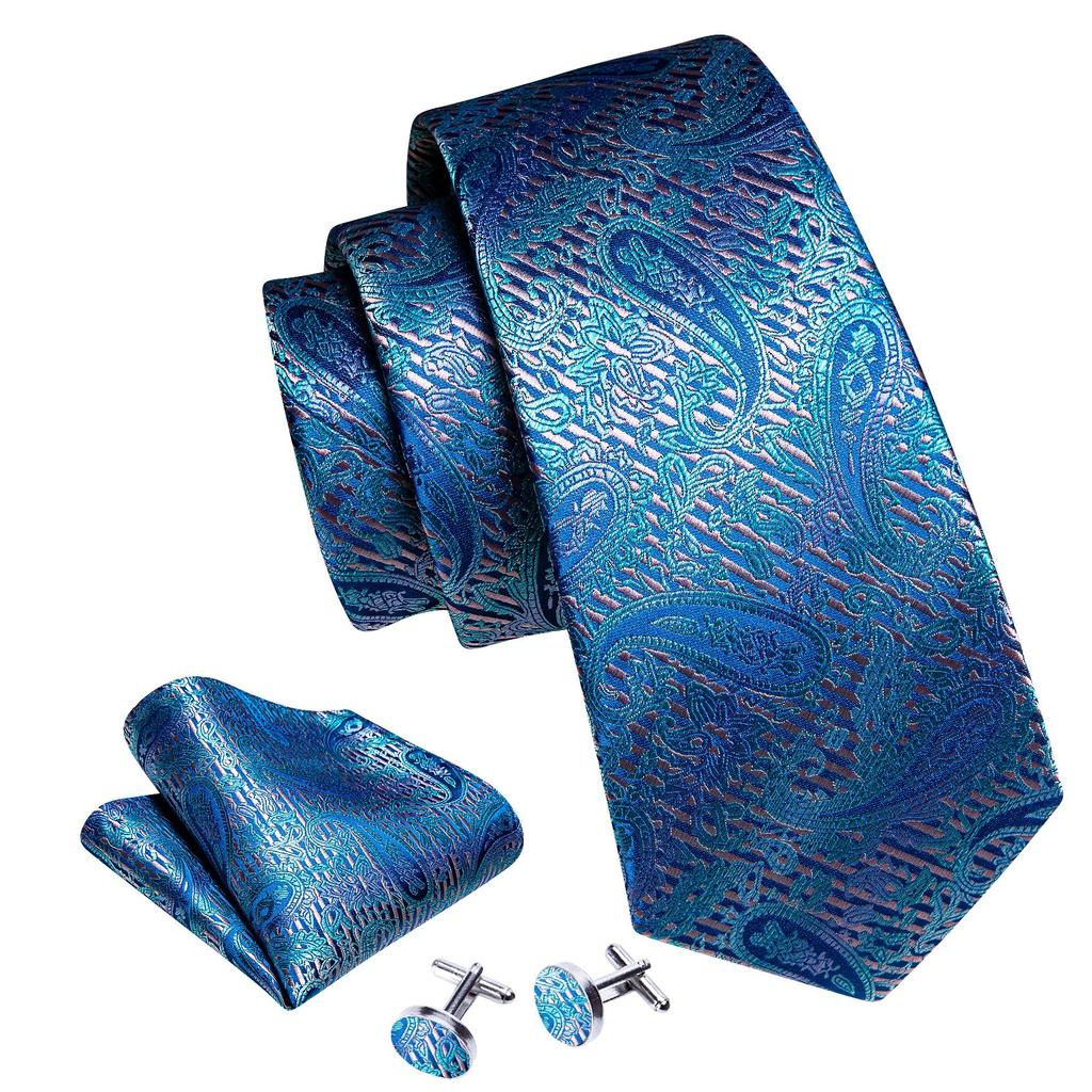 Barry.Wang Necktie Hankerchief Cufflinks Set Black Green Striped Jacquard Woven Wedding