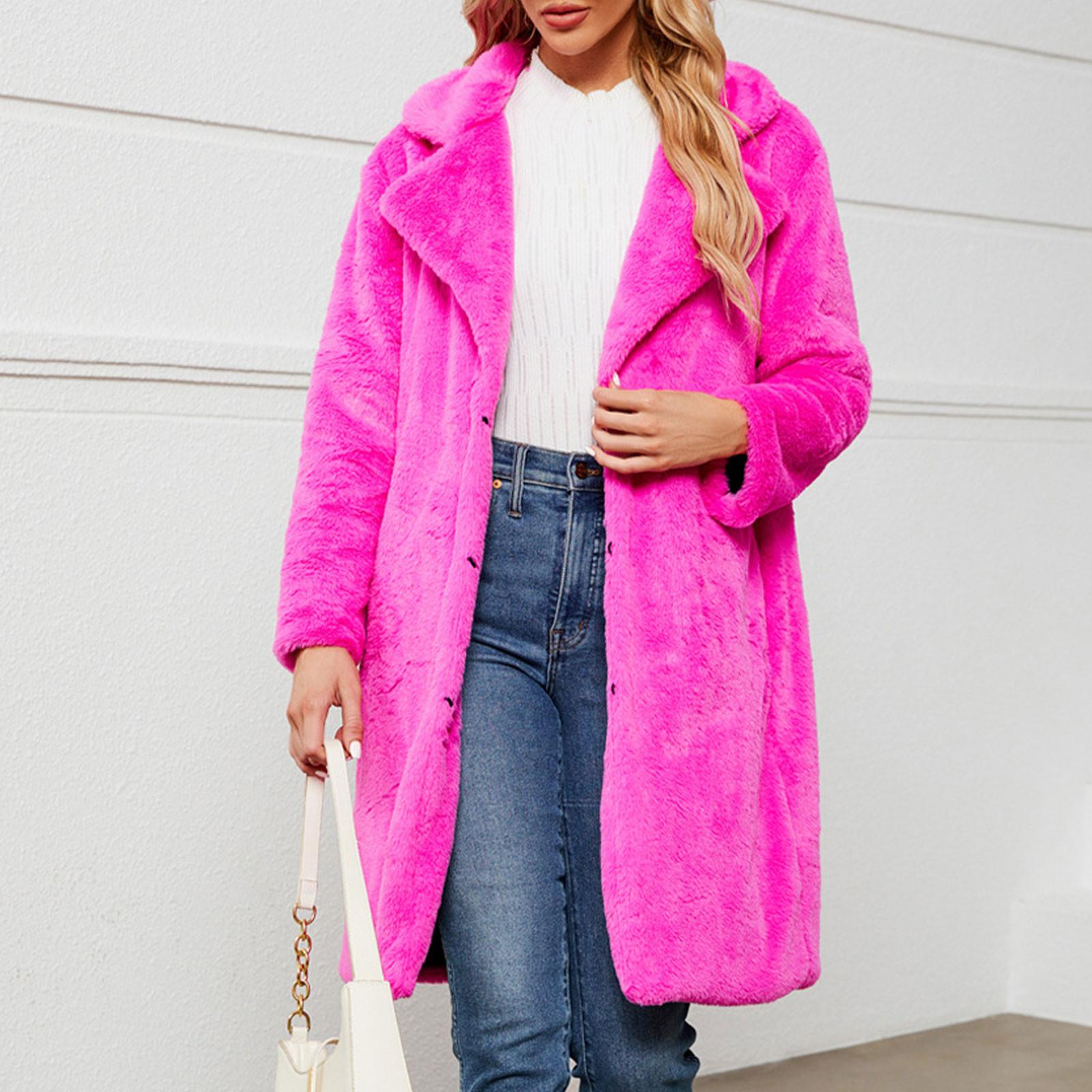 

Женский осенне-зимний однотонный кардиган с лацканами, пальто, плюшевая длинная куртка, пальто XL горячий розовый