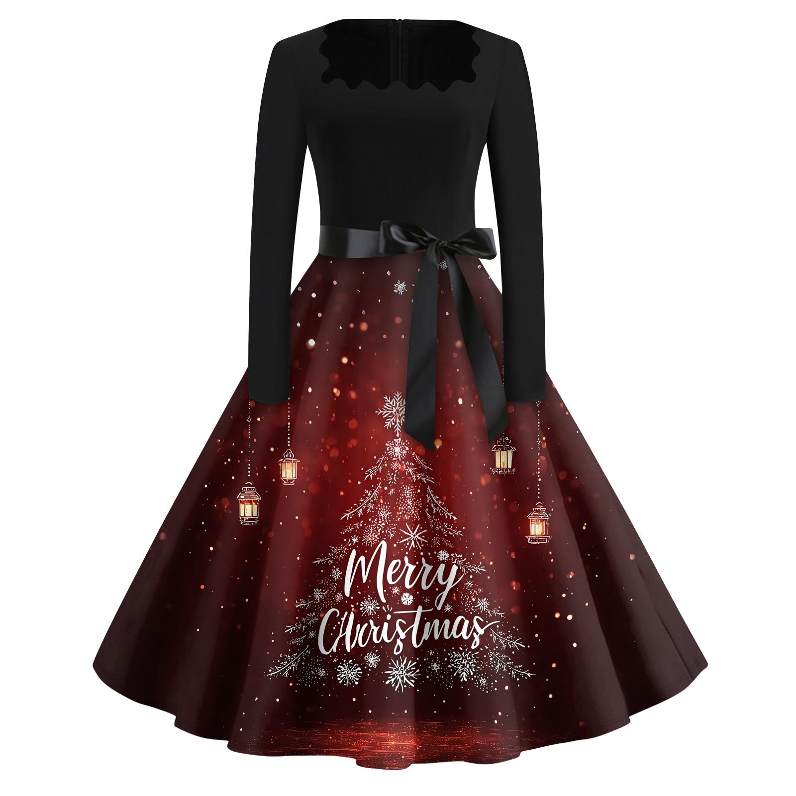 

Рождественский принт расклешенное платье для женщин платье с длинным рукавом ажурное вечернее повседневное платье с квадратным воротником M