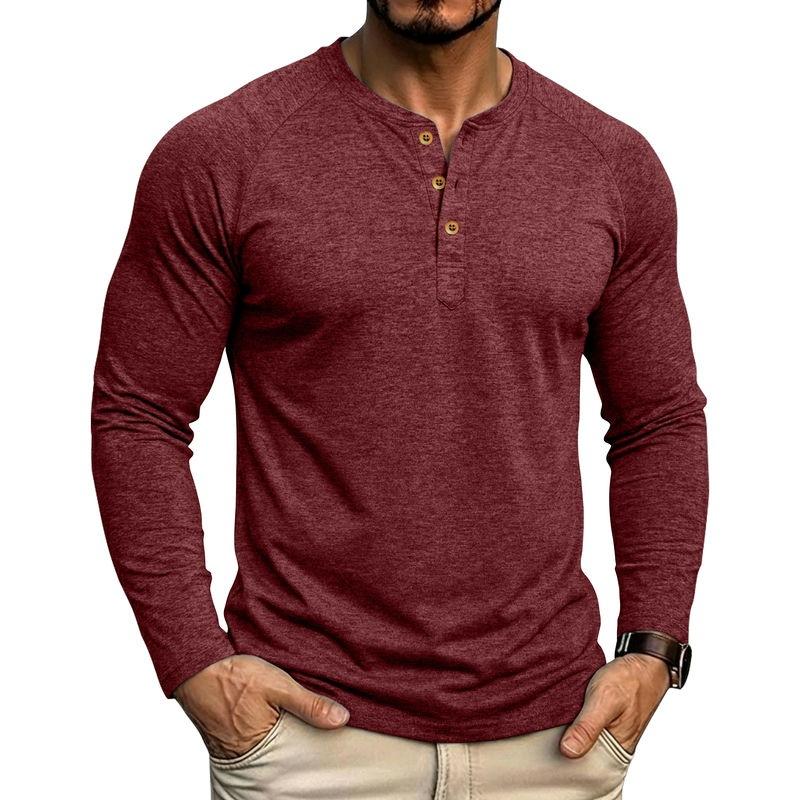 Mens Classic Style Henley Pullover Tops Raglan Long Sleeve Solid Color Daily Casual Wear Crew Neck Basic T Shirts
