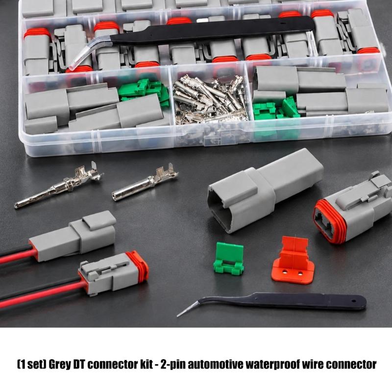 Latching Automotive Wire Coupler Kit with Separate Contact Retainers, 2-Pin Housings, and Copper-Finished Pin for Removable 12 V Vehicle Wiring