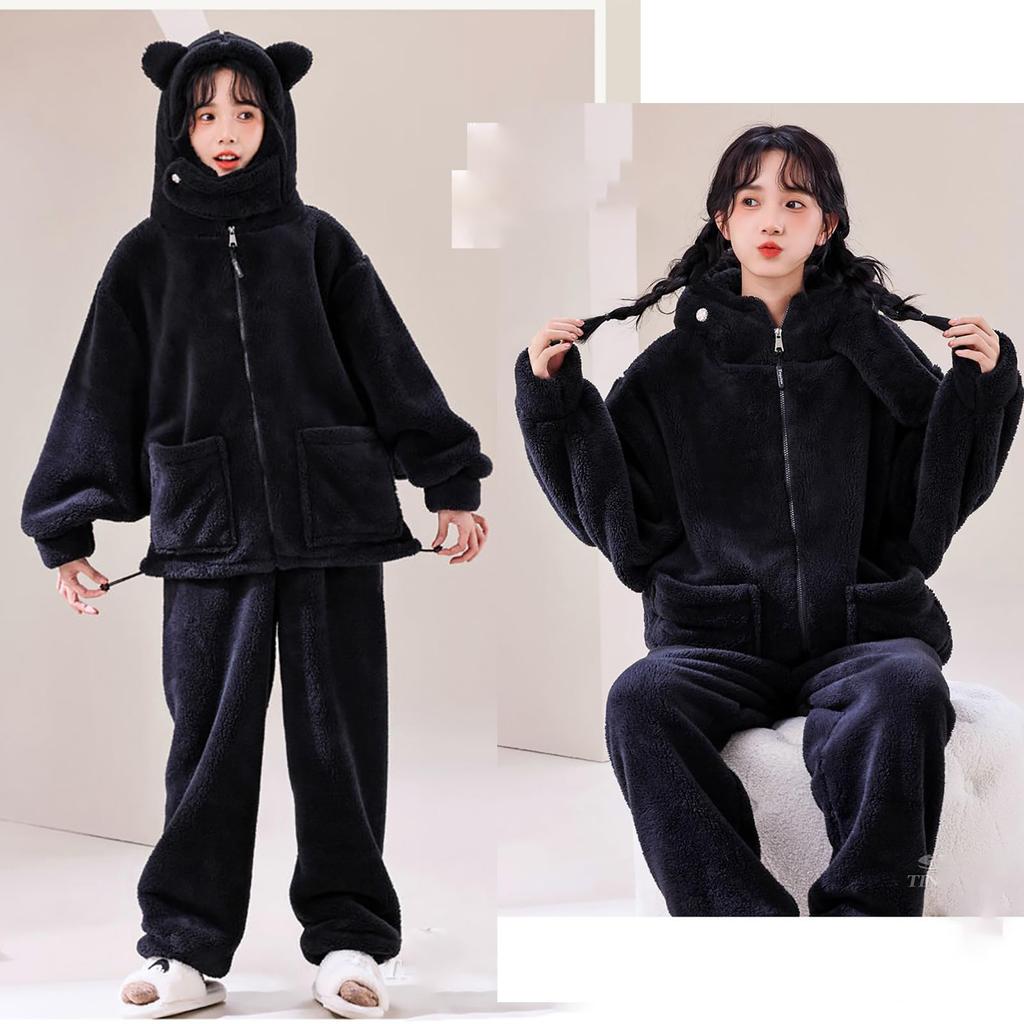 LAVASEON Winter Pajama Cute Animal Print with Bear Warm and Fun Open Thick Fleece Warm and Comfortable Loungewear for Fall and Winter Women's Set,