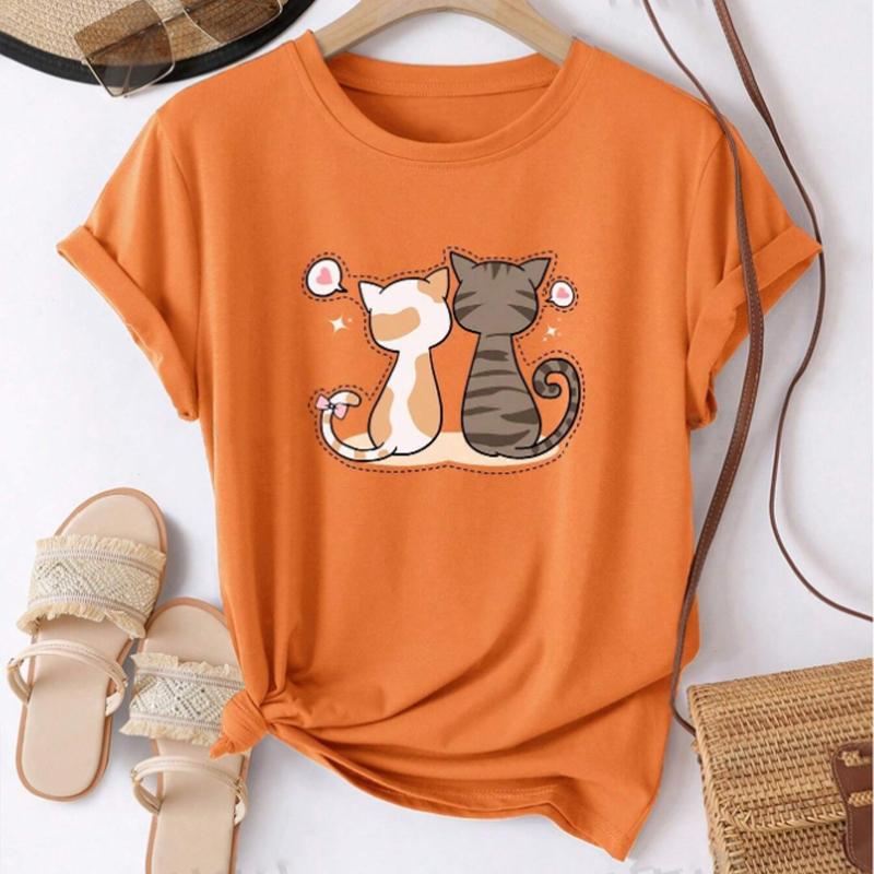 Fashion Women Cute Couple Cat Print T Shirt Funny Casual O-neck Short Sleeves T-shirt Summer Female Tee Shirt