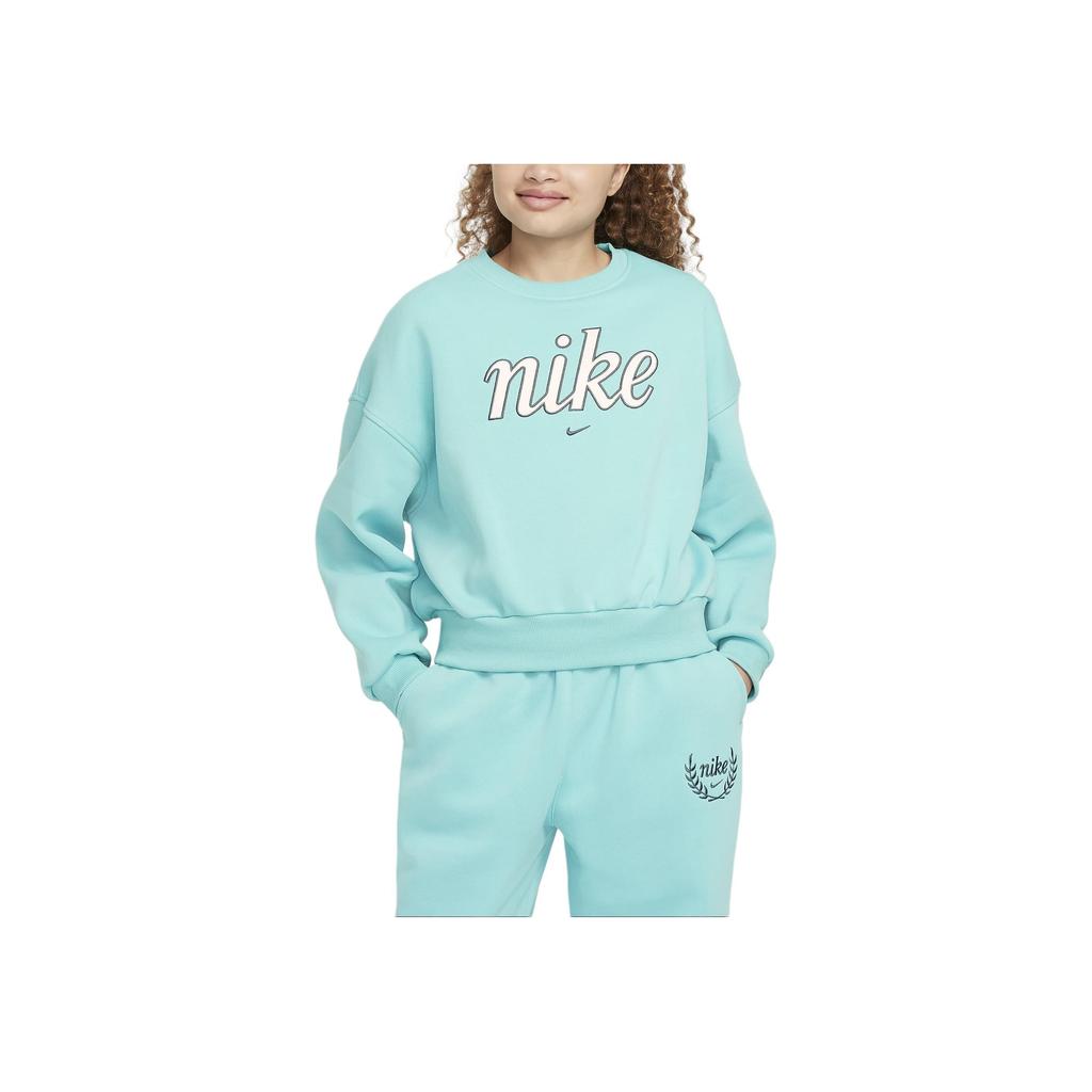 Nike Sportswear Club Fleece Lightweight Soft Warm Embroidered Logo Letter Crew Neck Long Sleeve Kids Tops Vintage-Green FZ5566-338
