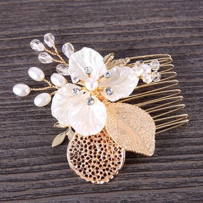 Mode Hochzeit Braut Strass Faux Perlen Hohl Haarnadel Blatt Haarspange Kamm