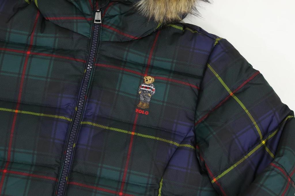 POLO RALPH LAUREN Kids Girls’ Hooded Down Jacket, Polo Bear Embroidery, Tartan Plaid Print, Multi-Color, Size 6X (01010023)