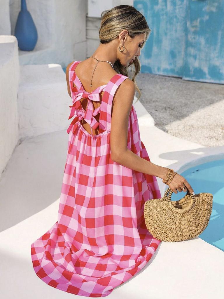 2026 Summer European and American New Plaid Long Skirt Beach Vacation Casual Vest Dress