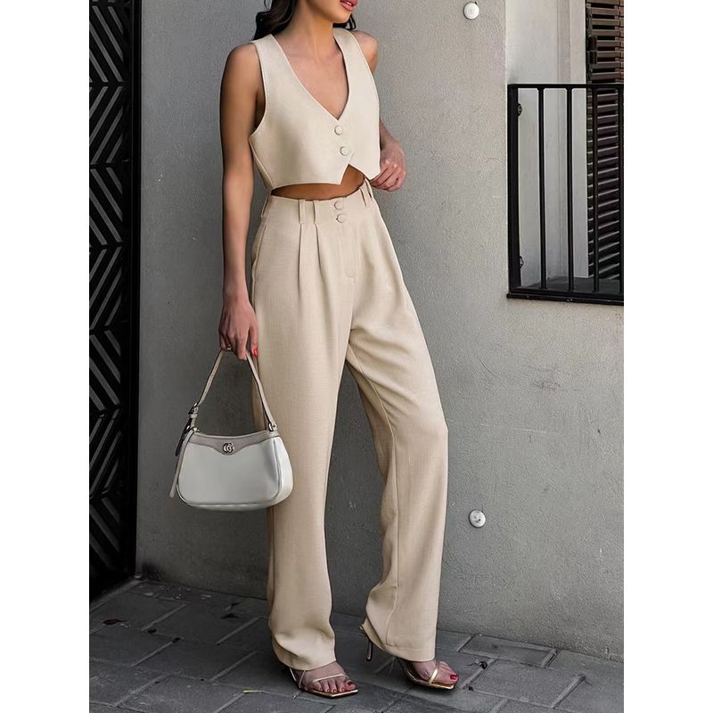 Fashion Summer Pure Color V-neck Midriff-Baring Vest Pants Suit Short Tank Top and Pants Set