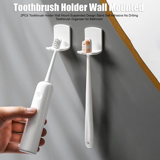 2PCS Toothbrush Holder Wall Mount Suspended Design Stand Self Adhesive No Drilling Toothbrush Organizer for Bathroom