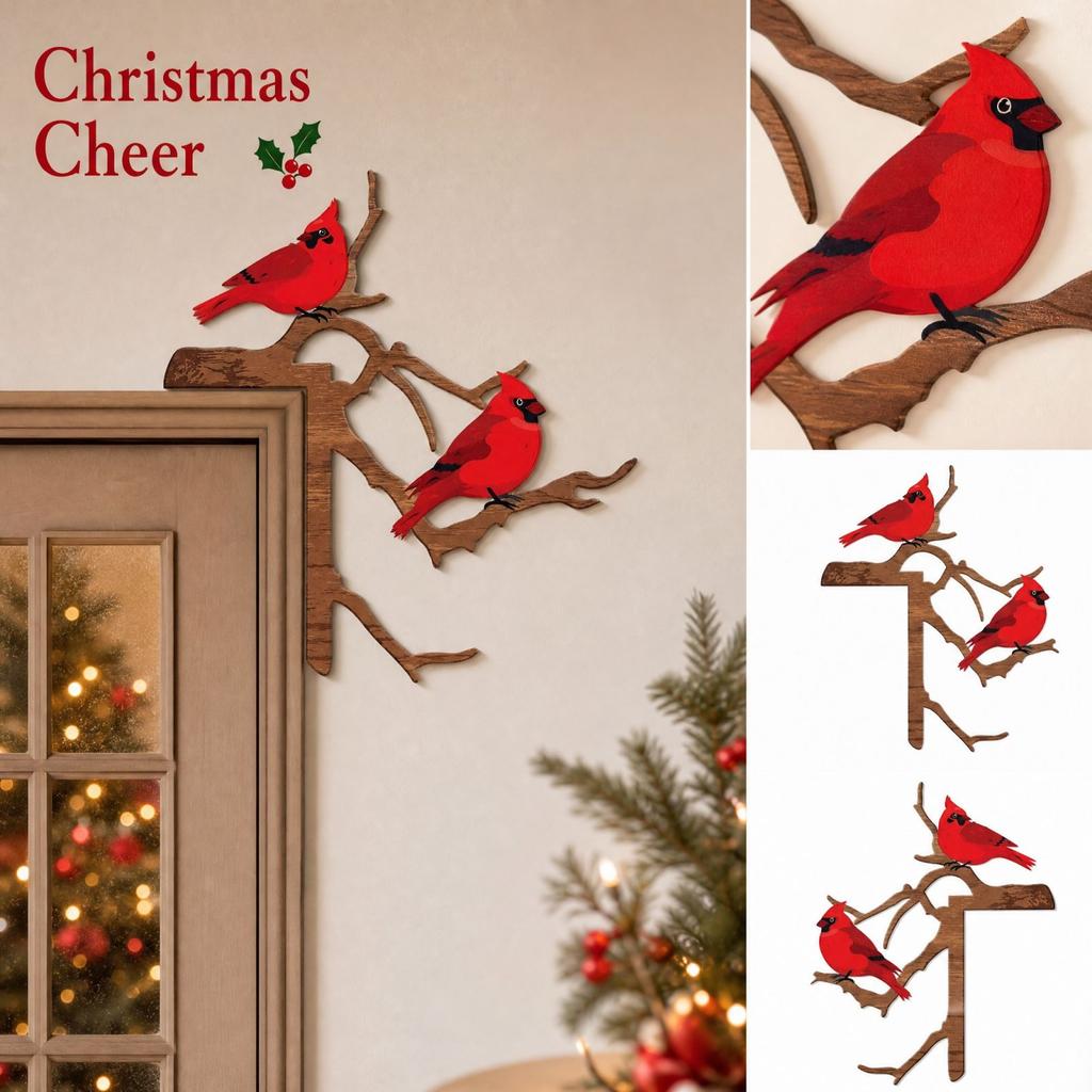 2D Flat Wooden Door Corner Hanging Decor, Set of 2 Red Bird Christmas Door Ornaments for Holiday Home Decor