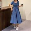 Women Summer Dress Square Neck Bubble Sleeve Pleated Shirring Elastic Bust Short Sleeve A-line Loose Hem Vintage Mic-calf Length Midi Dress