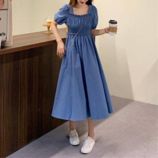 Women Summer Dress Square Neck Bubble Sleeve Pleated Shirring Elastic Bust Short Sleeve A-line Loose Hem Vintage Mic-calf Length Midi Dress