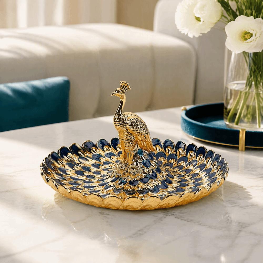Golden Blue Color Serving Tray Round Shape Snack Serving Plate Buffet Bar Table Decor
