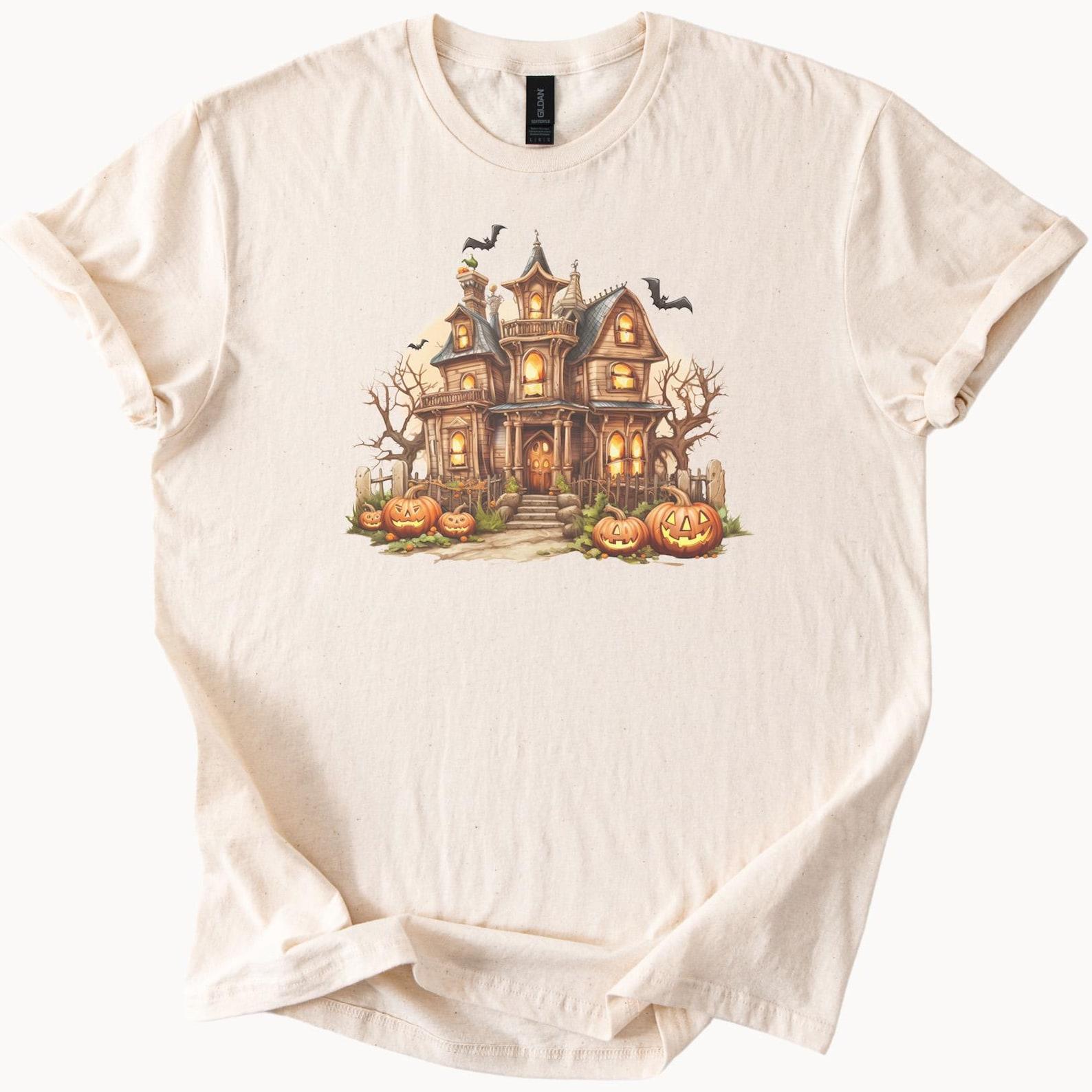 Halloween Haunted House T Shirt with Pumpkins and Bats Spooky Fall Graphic Tee Halloween Shirt for Pumpkin Lovers Ghost Mansion Top 140