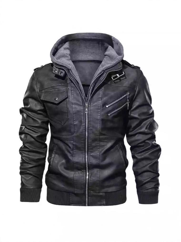 Youth Black Leather Jacket with Stand Collar and Zipper Welt Pockets, Hooded Winter Design, Straight Hem - In Stock