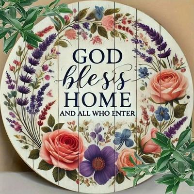 Farmhouse God Bless This House Wreath Metal Wall Poster, Pastel Colors Kitchen Decor