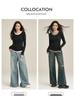 2025 Women's Slim Fit Black Lyocell Faux Two-Piece Long Sleeve T-Shirt