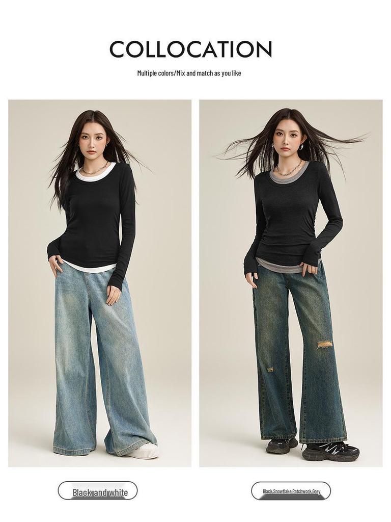 2025 Women's Slim Fit Black Lyocell Faux Two-Piece Long Sleeve T-Shirt