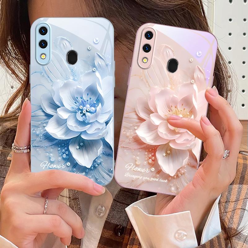 Blooming Blue Flowers For Samsung A73 72 71 A70 56 55 54 A53 52 51 50 42 A35 A34 33 32 31 26 25 24 23 22 30 Glass Phone Case