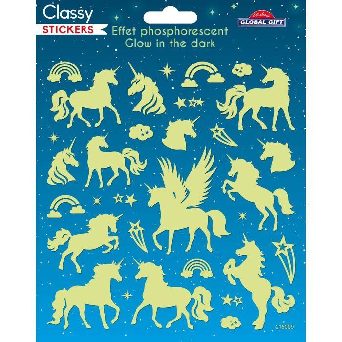 Autocollants phosphorescents - GLOBAL GIFT - Licornes - Multicolore - 17 x 15 cm - Brillent dans le noir