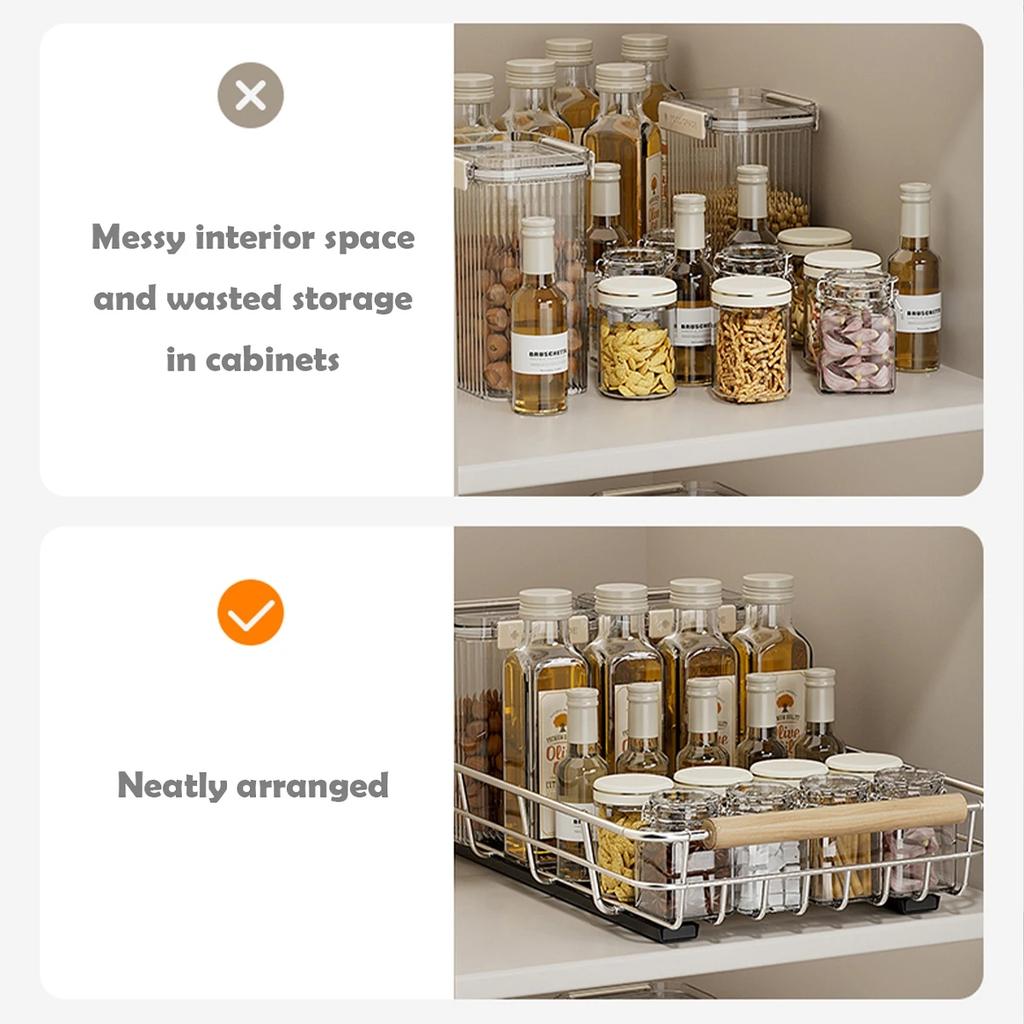 Výsuvný organizér na skříňky, kuchyňský kořenící stojan, úložný stojan na misky a nádoby, víceúčelový úložný stojan, vysouvací police do spíže