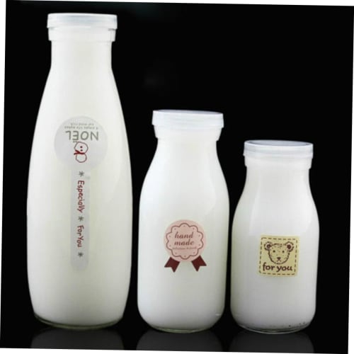 BESTonZON 6-Piece Heat-Resistant Milk Bottles, 250ml, Glass Milk Jug, Glass Pudding Jar, Pitcher, Vintage Milk Bottles with Caps, Drinking Bottles, Te