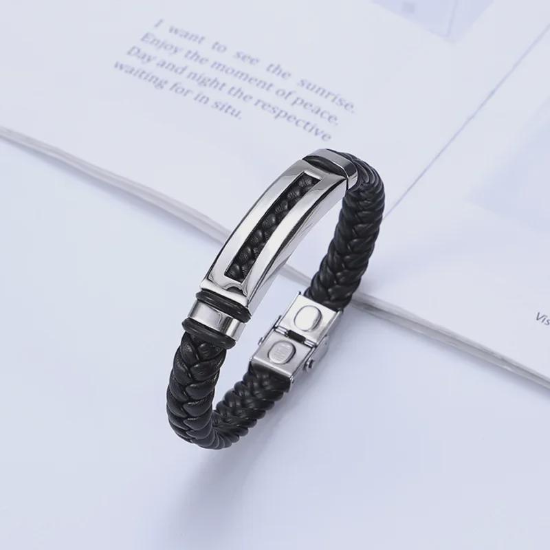 Unisex Fashion PU Leather & Polished Titanium Steel Braided Bracelet