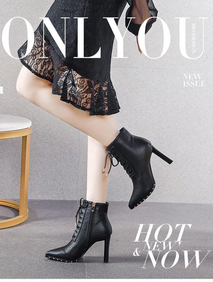 Pointed short boots women's 2025 new white high heels women's thick heel thin lace-up Martin boots ins tide