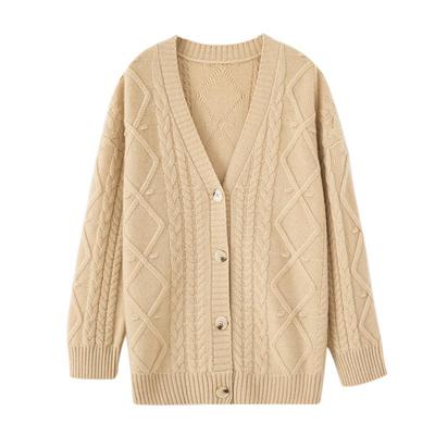 Women's Thick Cashmere V-Neck Cardigan - Korean Style Cable Knit for Autumn/Winter