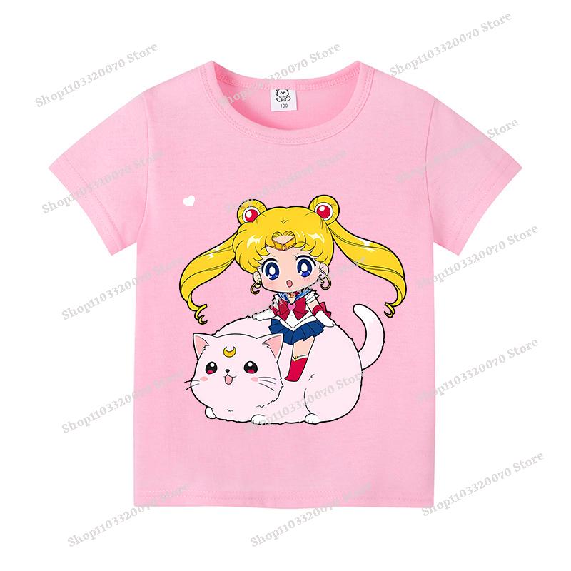 Sailors Moons Cotton T-shirt Sweet Anime Printed Girl Short Sleeve Cartoon Casual Kids Shirts Summer Child Tops