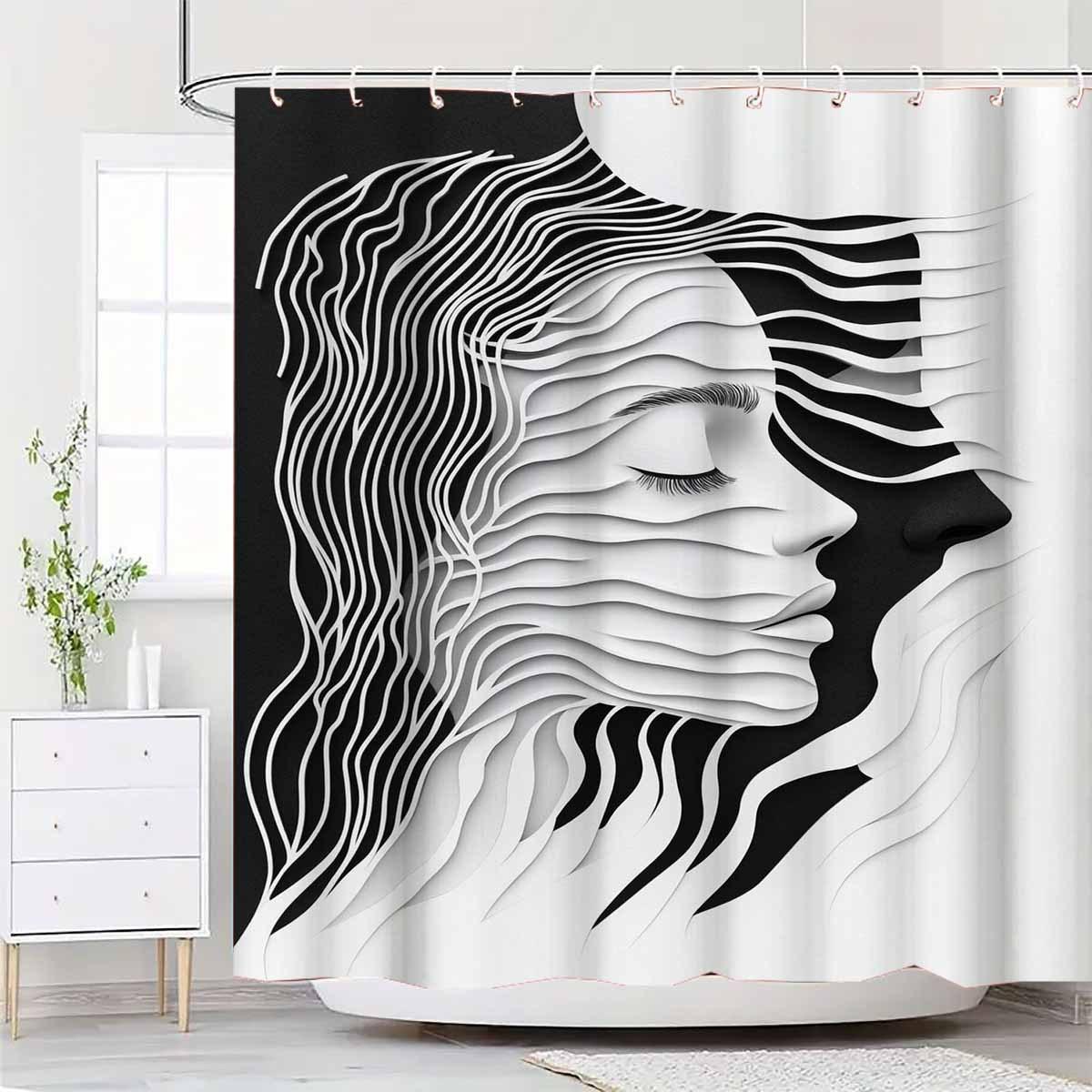 

1Pc Artistic Black And White Line Portrait Print Shower Curtain - With 12 Hooks, Machine Washable, Suitable For Bathroom W60H190(CM)-1 Pcs