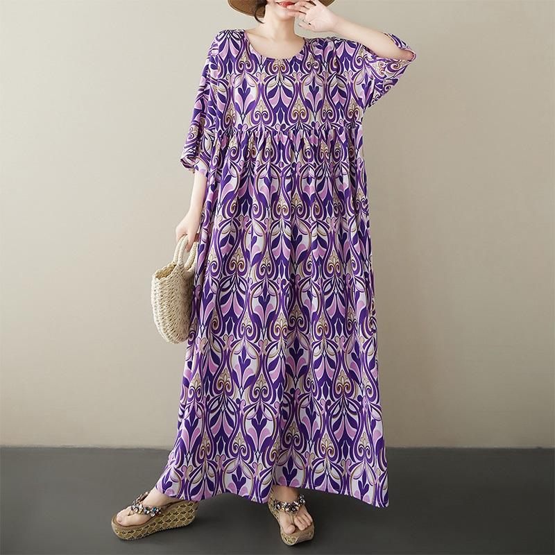 Short Sleeve Plus Size Cotton Vintage Floral New In Dresses for Women Casual Loose Long Summer Dress