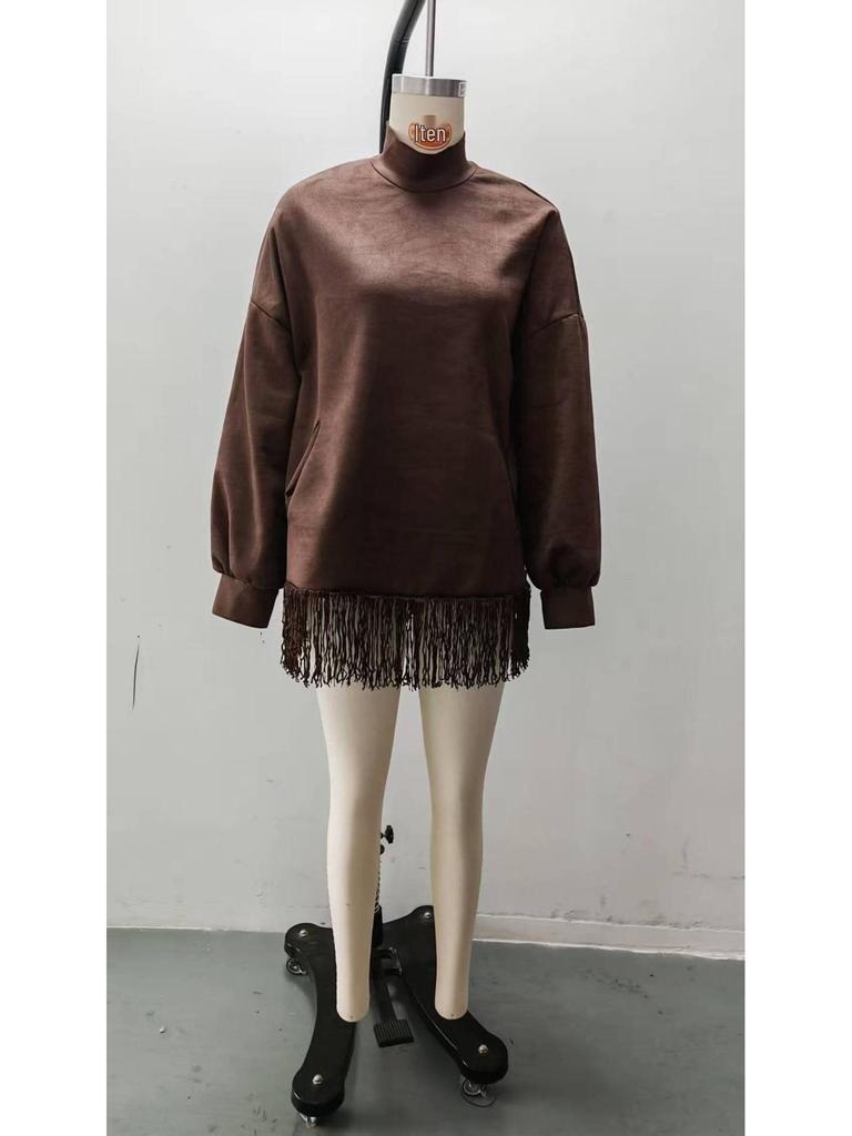 2026 High Neck Suede Dress with Tassels and Pockets