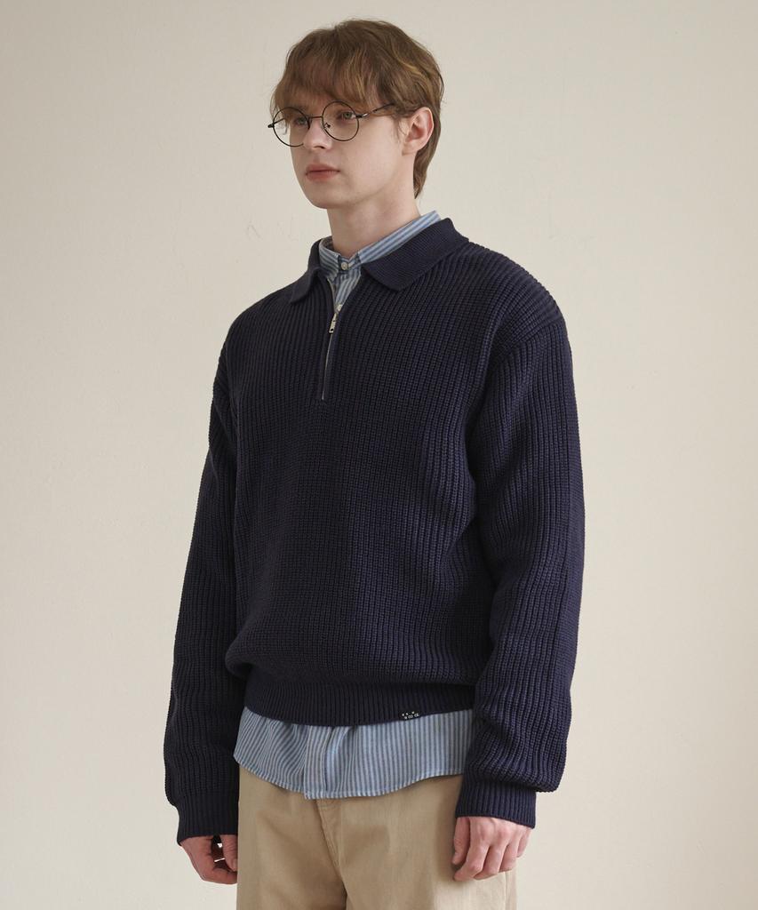 ESN Punched Collar Neck Half-Zip Knit Navy