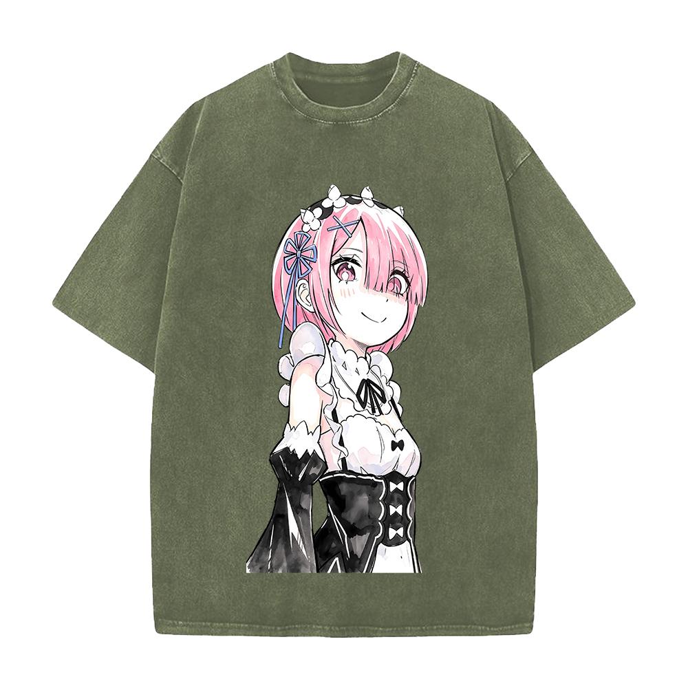 Hot Anime Re Zero Ram Cute Print T-shirt Men Women Tshirts Short Sleeve Cotton Clothing Retro Washed T Shirt Harajuku Loose Tops