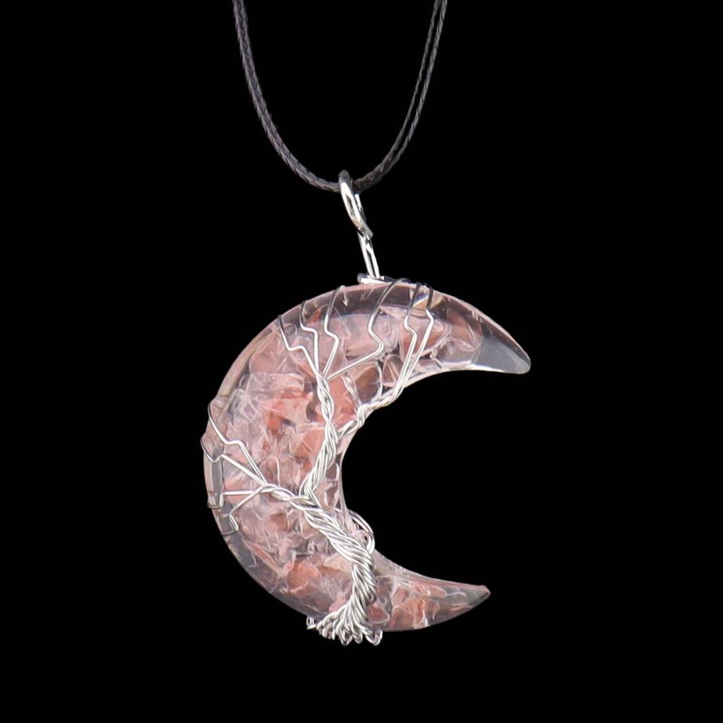 Chakela Crescent Moon Tree of Life Pendant with Natural Crystal Stone and Resin Wrap