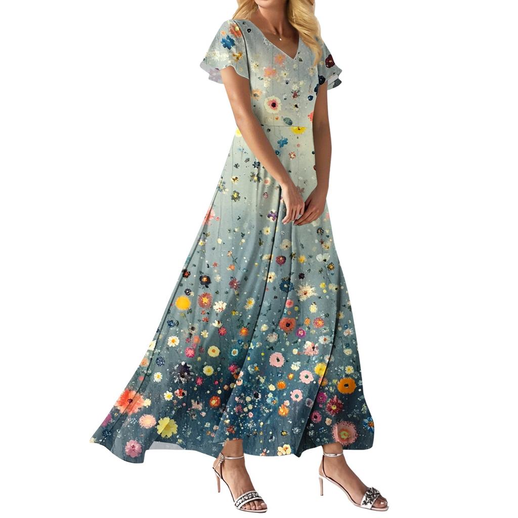 FashDamen Lockeres, lässiges Kleid mit V-Ausschnitt, kurzen Ärmeln und hoher Taille