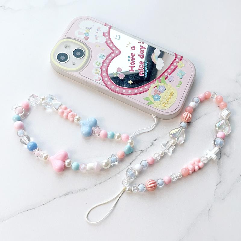 Bear Bead Phone Chain Cute Charms Keychain Wristband Strap Girl Woman Cellphone Flower Lanyard